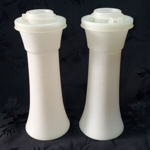 Tupperware Salt And Pepper Shakers White Set Vintage Hourglass 6"x2.5" Lids